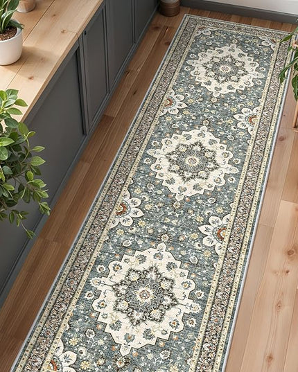 Washable Oriental Hallway Runner Rug - 3x10 Rugs for Living Room Soft Carpet for Bedroom Kitchen Waterproof Floral Distressed Indoor Stain Resistant Non-Shedding Floor Carpets (Blue, 3X10)