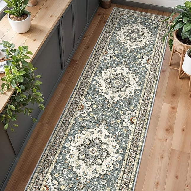 Washable Oriental Hallway Runner Rug - 3x10 Rugs for Living Room Soft Carpet for Bedroom Kitchen Waterproof Floral Distressed Indoor Stain Resistant Non-Shedding Floor Carpets (Blue, 3X10)