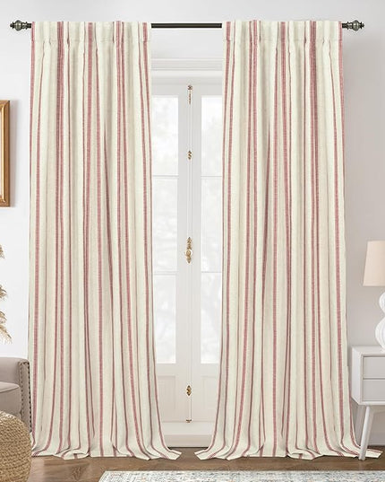 DriftAway Farmhouse Linen Blend Blackout Curtains 96 Inches Long for Bedroom Vertical Striped Printed Linen Curtains Thermal Insulated Lined Treatments for Living Room 2 Panels W52 x L96 Linen Red