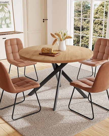 45.3 Inch Round Dining Table Set for 4, Mid Century Modern Small Kitchen Coffee Set for Dining Room Kitchen Apartment (Oak Table + 4 U-Shaped Brown Chairs)