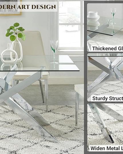 Edwin's Choice 58.5” Rectangle Glass Dining Table, Tempered Glass Tabletop and Metal Tubular Legs, Modern Style Table for Home, Kitchen, Dining Room 58.5”Lx29”Wx30”H, Silver (Table Only)