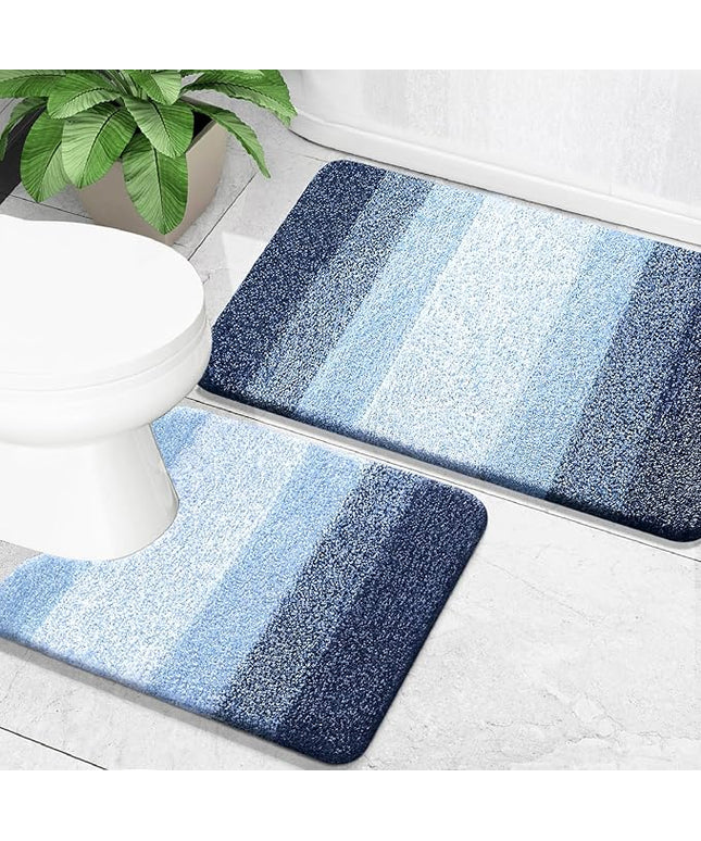 OLANLY Bathroom Rug Set 2 Piece, Soft Absorbent Microfiber Bath Mats and U-Shaped Contour Toilet Rug, Non-Slip, Machine Wash Dry, Plush Shaggy Bath Mats for Bathroom (24"x16"+24"x20", Navy)