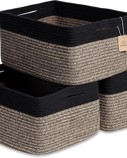 NaturalCozy Storage Baskets 16.8”x13”x7.6” Cotton Rope Woven Baskets for Organizing 3-Pack | Toy Storage Bins | Basket for Shelves, Laundry, Blanket, Clothes, Closet, Kitchen, Bathroom, Gifts