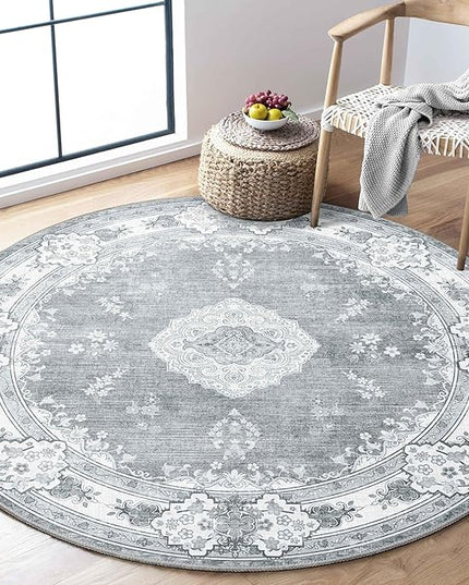 MUJOO Grey Round Rug 4ft,Circle Washable Area Rugs for Bedroom Living Room Bathroom,Vintage Bohemian Distressed Farmhouse Non Slip Circular Carpet,Floral