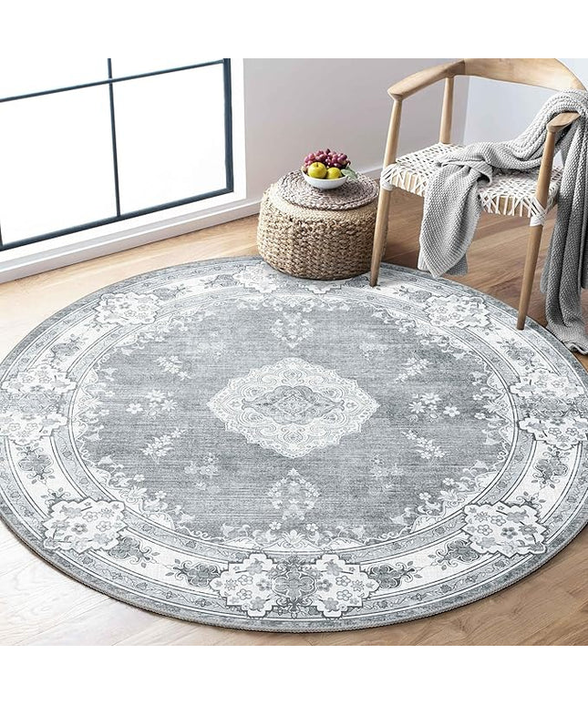 MUJOO Grey Round Rug 4ft,Circle Washable Area Rugs for Bedroom Living Room Bathroom,Vintage Bohemian Distressed Farmhouse Non Slip Circular Carpet,Floral