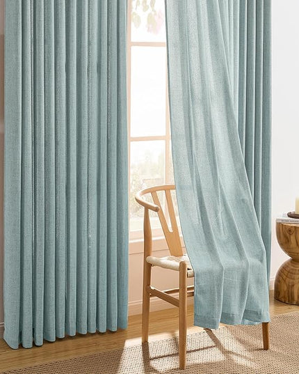Light Blue Linen Pinch Pleat Curtains 96 Inches Long Pleated Semi Sheer Textured Drapes Hooks Back Tab Coastal Modern Light Filtering Curtain 2 Panels for Living Room Bedroom Office 42x96