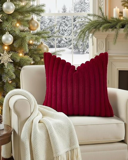 decorUhome Faux Fur Spring Throw Pillow Covers 16x16 Set of 2, Decorative Soft Plush Striped Neutral Couch Euro Pillow Covers with Velvet Back for Sofa, Bed, Living Room Home Decor, Burgundy