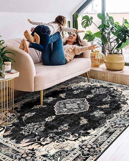 MUJOO Boho Rug 4'x6.5',Black Area Rugs for Bedroom Living Room Dining Room,Machine Washable Non Slip Carpet Vintage Bohemian Distressed Farmhouse,Floral