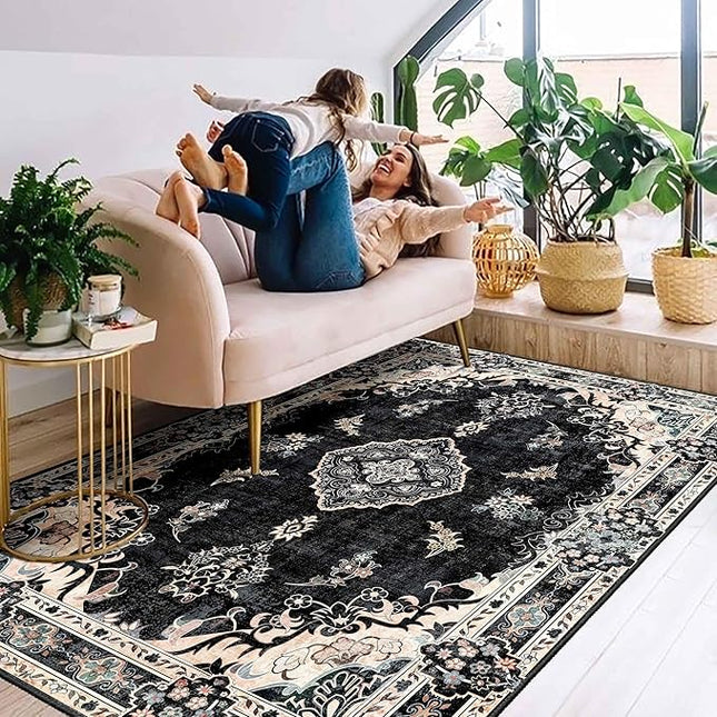 MUJOO Boho Rug 4'x6.5',Black Area Rugs for Bedroom Living Room Dining Room,Machine Washable Non Slip Carpet Vintage Bohemian Distressed Farmhouse,Floral