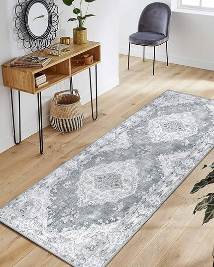 MUJOO Grey Runner Rug 2'x6', Long Washable Rug Runners for Hallways Entryway Kitchen Bathroom Bedside,Boho Vintage Bohemian Distressed Farmhouse Non Slip Carpet,Floral