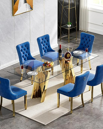 7 Piece Dining Table Set with 6 Blue Dining Chairs, Modern Glass Kitchen Table and Chairs Set for 6, 70" Rectangle Gold Glass Pedestal Dining Room Tables with Flash-Shape Stainless Steel Base