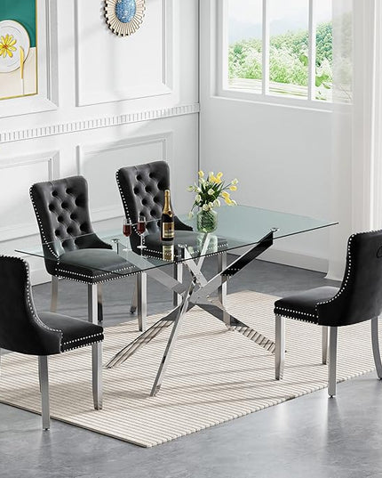Rectangle Glass Dining Table Set for 4, 60'' Kitchen Table and Chairs Set, 5PCS Modern Dining Room Table Set with 4 Velvet Dining Chair for Home