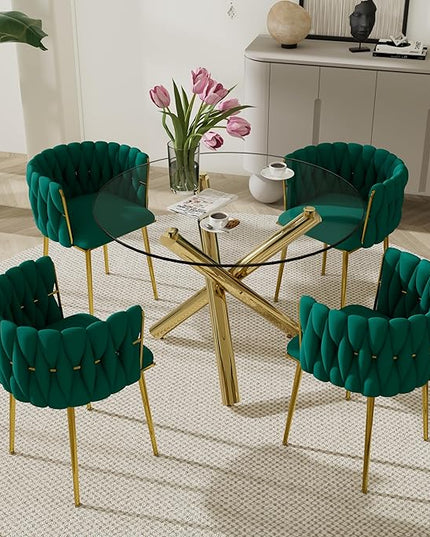 Golden Round Dining Table Set for 4, 39'' Clear Glass Top Dinner Set, 5 PCS Modern Luxury Circle Kitchen Table and Green Woven Chairs Set, Small Minimalist Circular Dinette Set, for Apartment