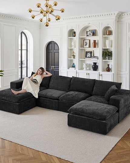 108" Sectional Couches for Living Room Boneless Couch Upholstered Cloud Couch Sectional Modular Sectional Sofa with L Shaped (Chenille-Black, 4 Seat+2 Ottoman)