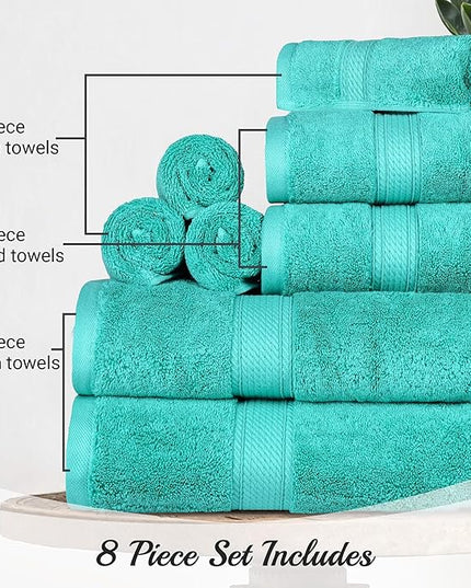 Superior Egyptian Cotton Pile 8 Piece Towel Set, Includes 2 Bath, 2 Hand, 4 Face Towels/Washcloths, Ultra Soft Luxury Towels, Thick Plush Essentials, Guest Bath, Spa, Hotel Bathroom, Turquoise