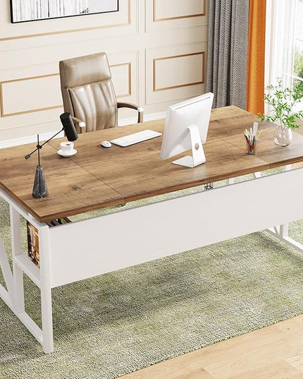 Tribesigns 63 inches Computer Desk with Bottom Storage Shelf Home Office Desk Writing Table for Workstation,Dark Walnut + Steel Leg， Cabinet not Included (Light Walnut, 63-inch-with Shelf)