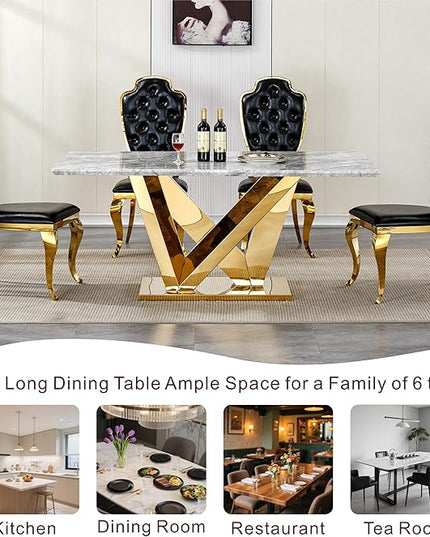 70 Inch Modern Rectangular Dining Table for 6, Faux Marble Top with Mirrored Stainless Steel Base, Large Kitchen Table for Dining Room, Living Room, Office, Conference, (Table Only) (Gold + Grey)
