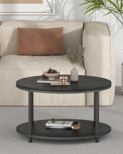 NSdirect Round Coffee Table, 25.6" Small Coffee Table for Living Room,2-Tier Rustic Wood Desktop with Storage Shelf Modern Design Home Furniture(Brown)