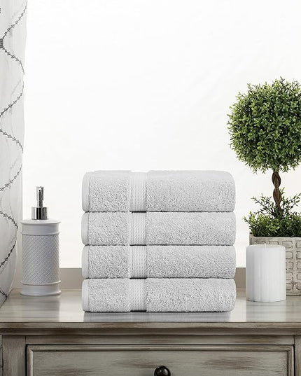 Superior Egyptian Cotton Pile Hand Towel Set of 4, Ultra Soft Luxury Towels, Thick Plush Essentials, Absorbent Heavyweight, Guest Bath, Hotel, Spa, Home Bathroom, Shower Basics, Silver