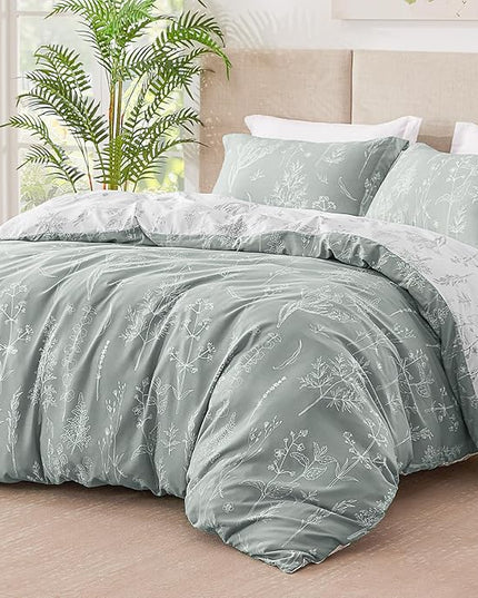 Love's cabin Grey Full Size Comforter Set - Full Comforter Set, 3 Pieces Cute Floral Bedding Sets for All Seasons,1 Soft Reversible Botanical Flowers Comforter and 2 Pillow Shams