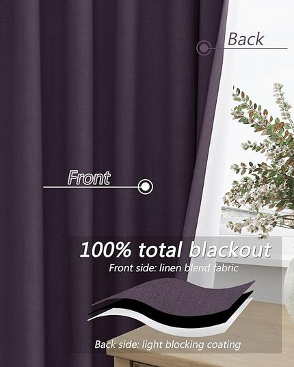 Guken Blackout Curtains 63 Inch Length 2 Panels Set for Living Room Bedroom Back Tab Thermal Insulated 100% Black Out Linen Drapes Room Darkening Window Curtains 63 Inches Long,Plum