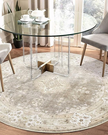 MUJOO Beige Round Rug 5ft,Circle Washable Area Rugs for Bedroom Living Room Bathroom,Boho Vintage Bohemian Distressed Farmhouse Large Non Slip Circular Carpet,Floral