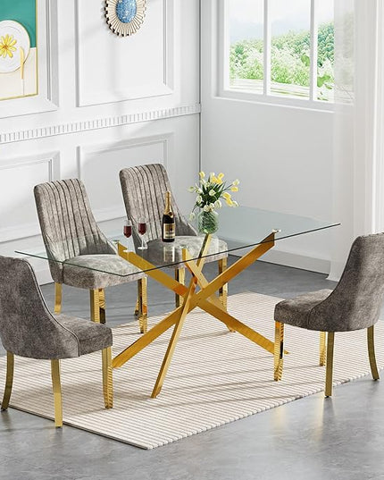 Rectangle Glass Dining Table Set for 4, 60'' Kitchen Table and Chairs Set, 5PCS Modern Dining Room Table Set with 4 Dining Chair for Home