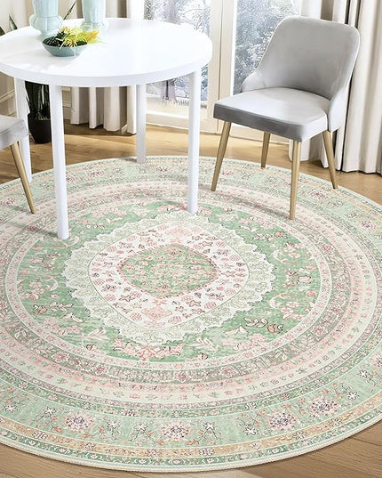Round Area Rugs 5ft Washable,Green Rug for Living Room Bedroom Dining Room,Large Boho Vintage Bohemian Distressed Oriental Carpet Non Slip,Sage Blush Floral