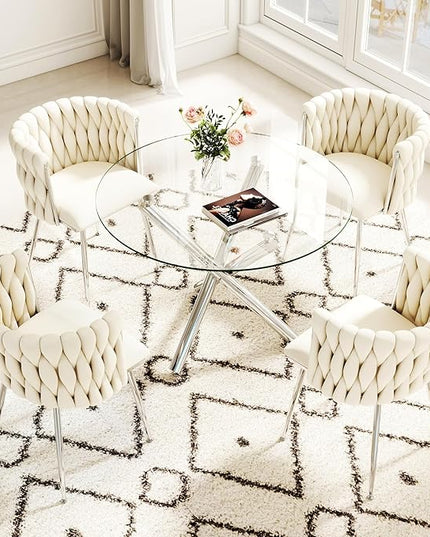 3 Pieces Round Glass Dining Set, Modern Luxury Circle Kitchen Table Set for 2, 36'' Clear Minimalist Circular Glass Top Dinner Room Set with Ivory Woven Chair, for Small Apartment (Silver)