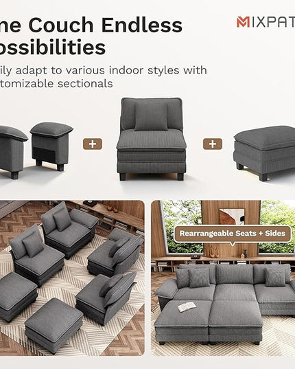 157-Inch U Shaped Sectional Sofa with Cloud Cushions, Deep Seat Modular Couch Set w/ 6 Seats & 2 Ottomans, Removable Arms, Plush Corduroy Upholstery for Living Room, Apartment - Gray