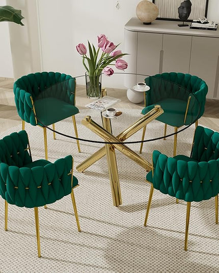 Gold Round Dining Room Table Set for 4, 47'' Modern Luxury Circle Kitchen Table Set, 5 Pieces Large Clear Circular Glass Top Dinner Set, Green Woven Chairs Set, for Apartment Living Room