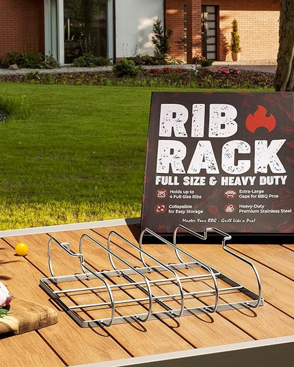 Rib Rack for Smoking & Grilling, Holds up to 4 Full Racks of Ribs, Foldable Design, Fits Large Gas Smoker or Charcoal Grill, Perfect BBQ Accessory, Smoker Accessories, Gifts for Men, Father
