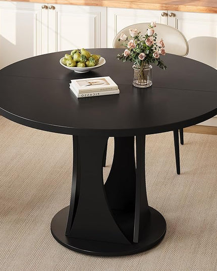 Round Dining Table for 4-6, Kitchen Table with Sturdy Double Arc & Rounded Base & Backboard Clasp Desktop, Mid-Century Modern Circle Dinner Table for Dining Living Room, Space Saving, Black