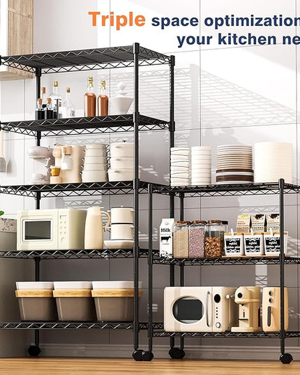 3-Tier Wire Shelf Rack,24" Dx14 Wx 30" H,Wire Metal Shelving with Lockable Wheels,Height Adjustable Storage Sranding Shelves for Kitchen,Living Room,Laundry,Office,Pantry,Studio,Black