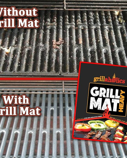 Grillaholics BBQ Grill Mat Heavy - 600 Degree Max Temperature Grilling Sheets - Set of 2 Grill Mats Non Stick - Lifetime Manufacturer Warranty