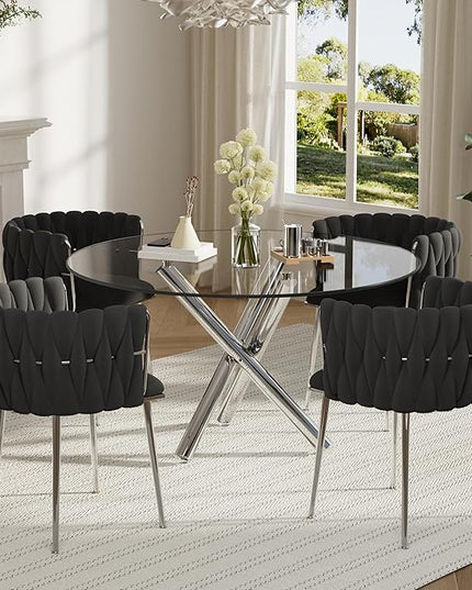 Modern Luxury Round Glass Dining Table Set for 4, 47'' Clear Circle Glass Top Kitchen Set, 5 PCS Large Minimalist Circular Dinner Room Set, Black Woven Chair, for Breakfast Nook (Silver)