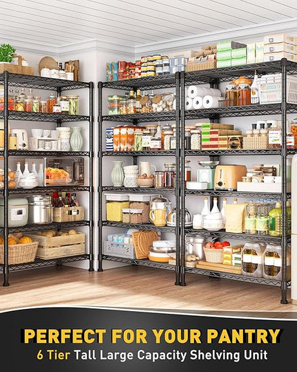 REIBII 6-Tier Storage Shelves Metal Shelving for Storage Load 1000 LBS,Wire Shelves Heavy Duty Shelving Unit Adjustable Pantry Shelf Bathroom Kitchen Garage 24" W x 14" D x 71" H, Black