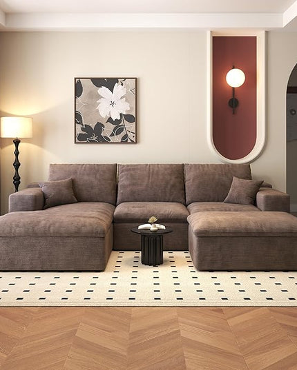 107'' U-Shaped Modern Modular Sectional Cloud Couch Whit Ottoman, 4-Seat Chenille Deep-Seat Sofa with Pillow for Living Room, Bedroom, Apartment, Camel