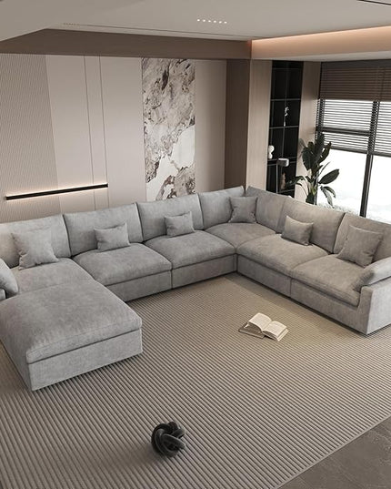 WJShome Cloud Couch for LivingRoom,153" U Shaped Modular Sectional Sofa with Ottoman,Down Filled 7 Seater Convertible Sleeper Sofa Bed Oversized Furniture Sets,Gray