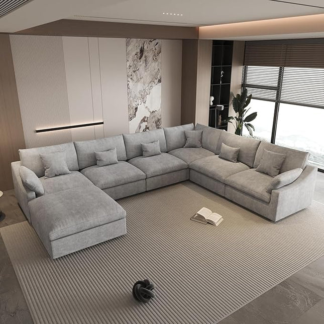 WJShome Cloud Couch for LivingRoom,153" U Shaped Modular Sectional Sofa with Ottoman,Down Filled 7 Seater Convertible Sleeper Sofa Bed Oversized Furniture Sets,Gray
