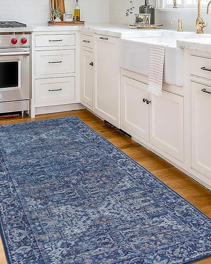 ReaLife Rugs Machine Washable Area Rug Runner - Living Room Bedroom Bathroom Kitchen Entryway Office - Padded Low Pile Stain Resistant Premium - Boho Vintage Traditional - Lyle - Blue 2'6" x 8'