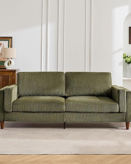 Tbfit 85" Corduroy Couch for Living Room, 3 Seater Mid Century Modern Sofa with Spring Cusions & Extra Deep Seat for Bedroom, Small Comfy Upholstered Couches Easy Assembly with Solid Wood Legs, Green
