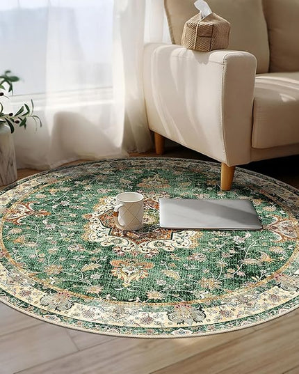 Green Round Rug 5ft, Circle Boho Area Rugs for Bedroom Living Room Bedside,Washable Vintage Bohemian Distressed Oriental Floral Carpet Non Slip,Retro Sage Floral