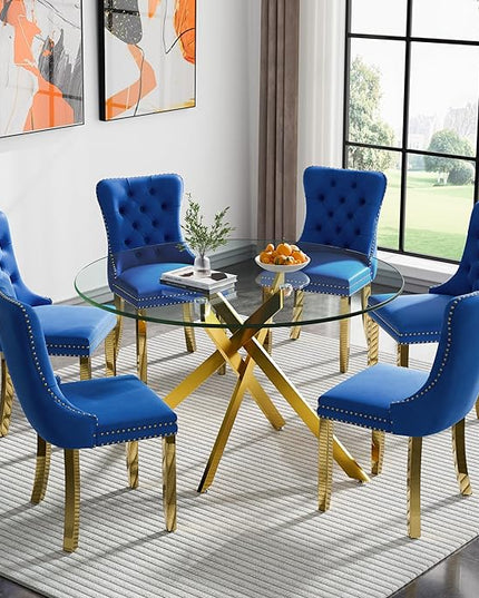 Round Glass Dining Table Set for 6, 47'' Clear Circular Kitchen Table and Chairs Set, 7PCS Modern Circle Dining Room Table Set with 6 Velvet Dining Chair for Home
