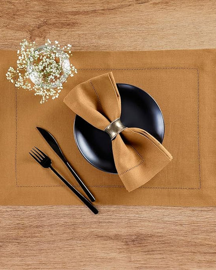 Solino Home Linen Cloth Placemats Set of 4-100% Pure Linen Hemstitch Brown Sugar Placemats 14 x 19 Inch - Classic Hemstitch Table Place Mats