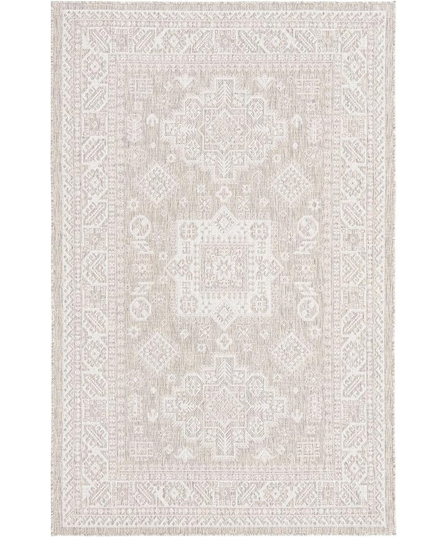 Rugs.com Outdoor Aztec Collection Rug – 5' 3 x 7' 10 Light Gray Flatweave Rug Perfect for Living Rooms, Large Dining Rooms, Open Floorplans