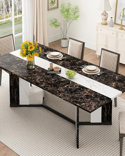 71 inch Dining Table for 4 5 6 | Modern Black Rectangular Kitchen Table W/Waterproof Wood Tabletop,Farmhouse Long Dining Room Tables W/Adjustable Legs&Wood Strip Base for Kitchen Living Room