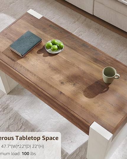 OKD 48" Modern Farmhouse Coffee Table, Wooden Living Room Table with Hidden Storage Drawer, Rustic Rectangular Center Tables with Wood Thick Design for Living Room, Office, Antique White