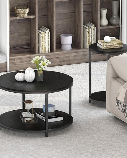 NSdirect Round Coffee Table, 25.6" Small Coffee Table for Living Room,2-Tier Rustic Wood Desktop with Storage Shelf Modern Design Home Furniture(Brown)