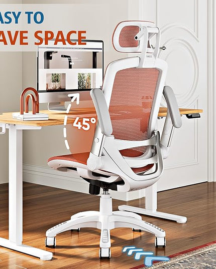 GABRYLLY Ergonomic Office Chair, High Back Home Desk Chair with Headrest, Flip-Up Arms, 90-120° Tilt Lock and Wide Cushion, 400LBS Mesh Chairs for Man Woman, White Task Chair(Orange,GY01WOR)